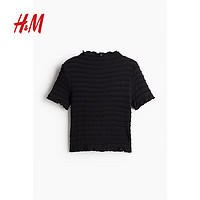 H&M2024夏季女装锁边设计缩褶上衣1257980 黑色 170/116