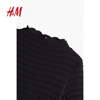 H&M2024夏季女装锁边设计缩褶上衣1257980 黑色 170/116