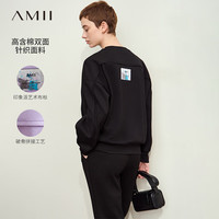 AMII2024秋休闲圆领落肩袖艺术感布标卫衣女棉质宽松12443100 黑色 160/84A/M