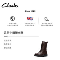 Clarks其乐Orinoco系列女士秋冬英伦交叉绑带中筒牛皮骑士靴 深棕色 261788624 37