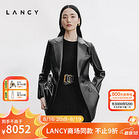 朗姿/LANCY2024秋季黑色羊皮翻领双排扣皮革外套女高级感皮衣 夜幕黑色 L