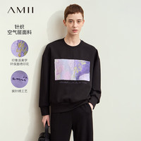 AMII2024早秋圆领抽象印花刺绣空气层卫衣女落肩袖宽松上衣 黑色 160/84A/M