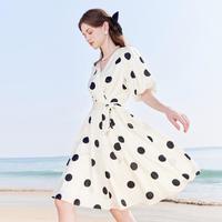【24年夏新】法式气质V领波点连衣裙女泡泡袖显瘦中长裙