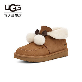 UGG 女士时尚舒适平底圆头蝴蝶结翻折鞋口茸茸休闲鞋 1153517 栗色 38