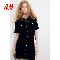 H&M2024夏季女装时尚休闲百搭正面系扣罗纹针织连衣裙1229076 黑色 155/76 XXS