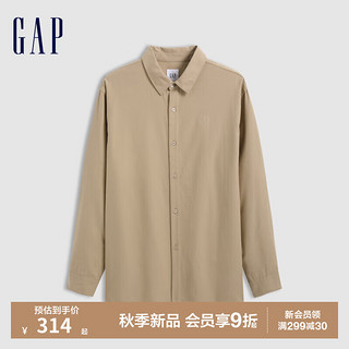 Gap男装2024秋季纯棉胶印logo长袖衬衫百搭简约风上衣637164 卡其色 185/104A(XXL) 亚洲尺码