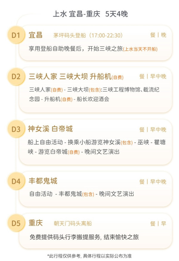 旅游尾单:暑假尾的超低价班次!相当于一价全包!长江三峡游轮世纪凯歌号 【宜昌-重庆】出发航次5日4晚邮轮自由行
