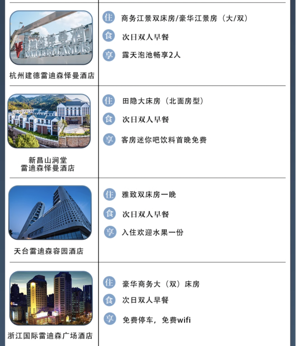 618爆款回归,包邮区内实用通兑!雷迪森酒店集团 浙江7城12店1-2晚通兑(2晚可拆分用)