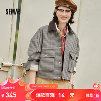 森马 外套女短款拼接灯芯绒翻领潮流宽松秋季落肩格纹夹克时尚复古 咖色调00455 L