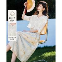 【国风连衣裙套装】24夏轻薄透气小衫+圆领短袖A字连衣裙