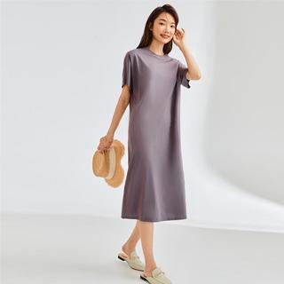 夏季连衣裙女简约休闲纯棉针织宽松圆领纯色基础中长款连衣裙女