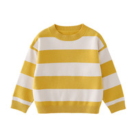 棉花堂男童毛衣2024秋装儿童小童宽松圆领款条纹女童套头线衫 黄白条 120/60