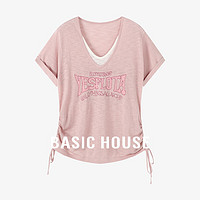 Basic House/百家好夏季假两件设计感休闲百搭V领短袖针织衫 粉色 XL