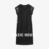 百家好(Basic House)纯色休闲蕾丝镂空夏季新款宽松显瘦优雅连衣裙