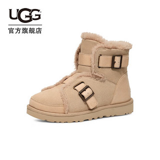 UGG 女士时尚舒适平底保暖纯色溢毛休闲搭扣短靴雪地靴 1119431 木屑色 36