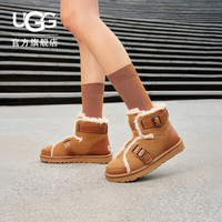 UGG 女士时尚舒适平底保暖纯色溢毛休闲搭扣短靴雪地靴 1119431 栗色 38