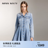 MISS SIXTY2024秋季新款牛仔连衣裙女翻领收腰短裙 浅蓝