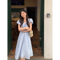 SLY TRO韩式甜美设计感V领蓝色绑带连衣裙收腰显瘦气质褶皱设计感中长裙 蓝色 L