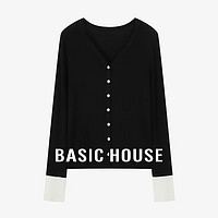 Basic House/百家好天丝撞色V领针织开衫桑蚕丝早秋长袖小衫2024