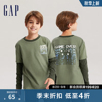 Gap男童春秋纯棉柔软假两件长袖T恤儿童装洋气微弹休闲上衣736017 军绿色 140cm(L)