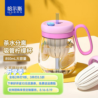 哈尔斯 玻璃杯女士泡茶杯大肚吸管杯办公茶水杯子 粉色850ml