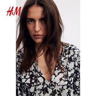 H&M2024秋季女装褶边上衣1257114 黑色/白色花卉 170/104