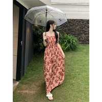 SLY TRO玫瑰碎花褶皱吊带连衣裙女2024夏季法式收腰显瘦名媛气质长裙 黑色玫瑰 S