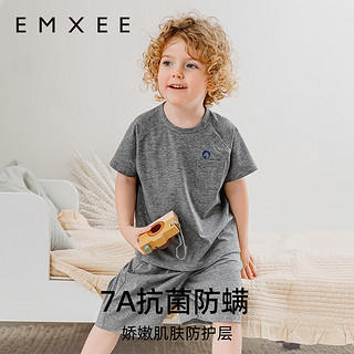 嫚熙（EMXEE）童短袖长裤套装透气天丝棉夏季男女宝宝衣服运动服休闲外 深花灰【短裤短袖】 130cm