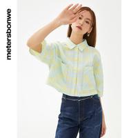 衬衫女春夏季短袖衬衫女格纹设计感简约短款短袖衬衣女士衬衫