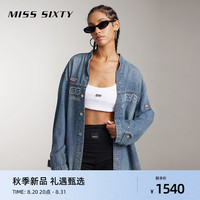 MISS SIXTY2024秋季牛仔衬衫女长袖宽松中长款复古赛车风印花 中蓝 S