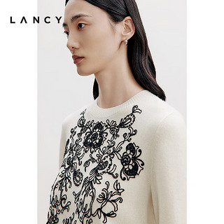 朗姿/LANCY2024秋季高级感羊绒提花针织套头衫女高端优雅上衣 本白色 XL