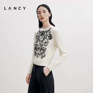 朗姿/LANCY2024秋季高级感羊绒提花针织套头衫女高端优雅上衣 本白色 XL