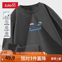 班尼路220克重磅长袖t恤男潮流设计印花打底衫体恤休闲大码上衣 【纯棉】-中灰#JPB块状海滩 4XL【宽松显瘦 休闲百搭】