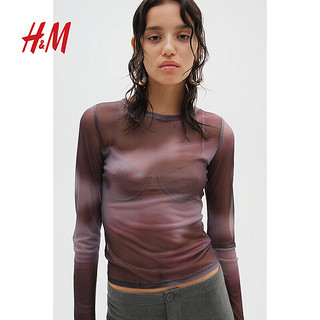 H&M2024秋季新品女士印花网纱上衣1246858 深紫色/图案 1