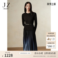 玖姿·安娜蔻优雅淑女渐变假两件羊毛压褶针织连衣裙女2024冬季新款 素黑