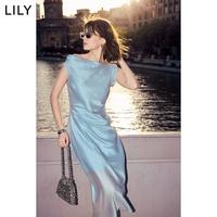丽丽 LILY【2024夏款】一字领醋纤自带微光不对称斜肩度假风连衣裙子女