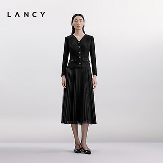 朗姿/LANCY2024秋假两件气质V领拼接百褶A字高腰小香连衣裙女 黑色 2XL