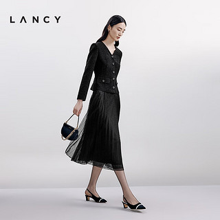 朗姿/LANCY2024秋假两件气质V领拼接百褶A字高腰小香连衣裙女 黑色 M