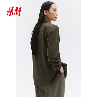 H&M2024秋季新款女装时尚纯色百搭宽松褶袖休闲西装1252160 深卡其绿 1