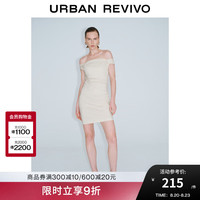 UR2024秋季新款女装都市通勤褶皱一字领露肩连衣裙UWG740163 浅卡其