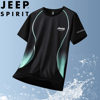 JEEP SPIRIT 吉普短袖T恤男夏季半袖圆领宽松冰丝速干上衣男装 黑绿 3XL  3XL（170斤-190斤）