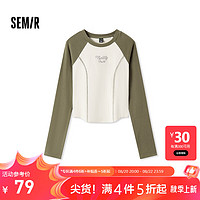 森马（Semir）长袖T恤女短款紧身撞色插肩袖明线显瘦冬季印花圆领上衣复古