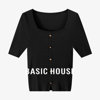 Basic House/百家好纯色坑条冰丝针织衫夏季修身显瘦方领上衣 黑色 S