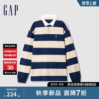 Gap男女装2024初秋新款纯棉小熊刺绣条纹长袖T恤美式polo衫637632