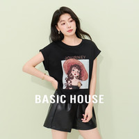 百家好（Basic House）夏日百搭休闲卡通印花设计感圆领短袖T恤 黑色 L