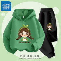 真维斯女童秋季套装春秋款儿童连帽卫衣中大童女孩秋装洋气印花上衣 【卫衣套装】绿色黑裤(发卡女孩) 110