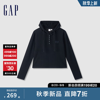 Gap女装2024初秋刺绣logo纽扣抽绳连帽卫衣简约女友T639170 黑色 170/88A(L) 亚洲尺码