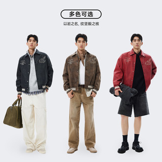 CHINISM赤尘 黑色复古翻领PU皮岩纹夹克男生美式秋棒球服外套