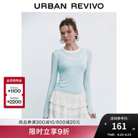 UR2024秋季新款女装休闲风假两件撞色修身长袖T恤UYU440021 粉蓝