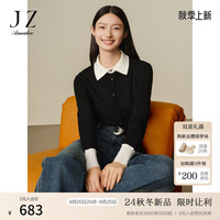 玖姿·安娜蔻赫本风撞色假两件翻领美丽诺羊毛针织衫女2024冬季 素黑 XL